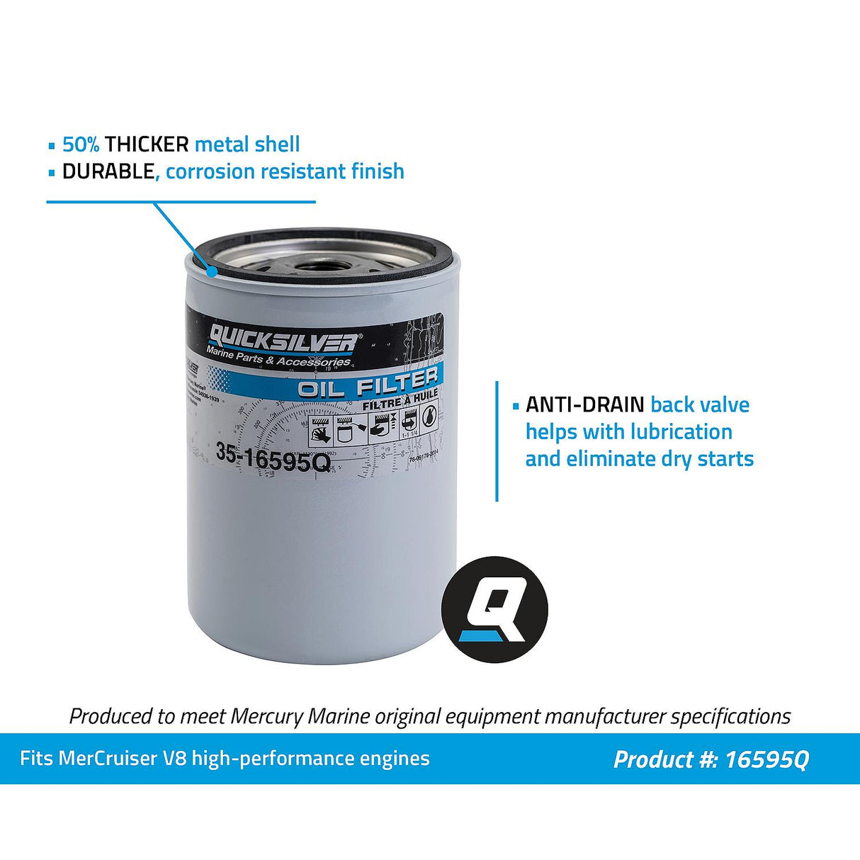 OEM Mercury / Quicksilver 16595Q Oil Filter for MerCruiser High Performance V8 Engines