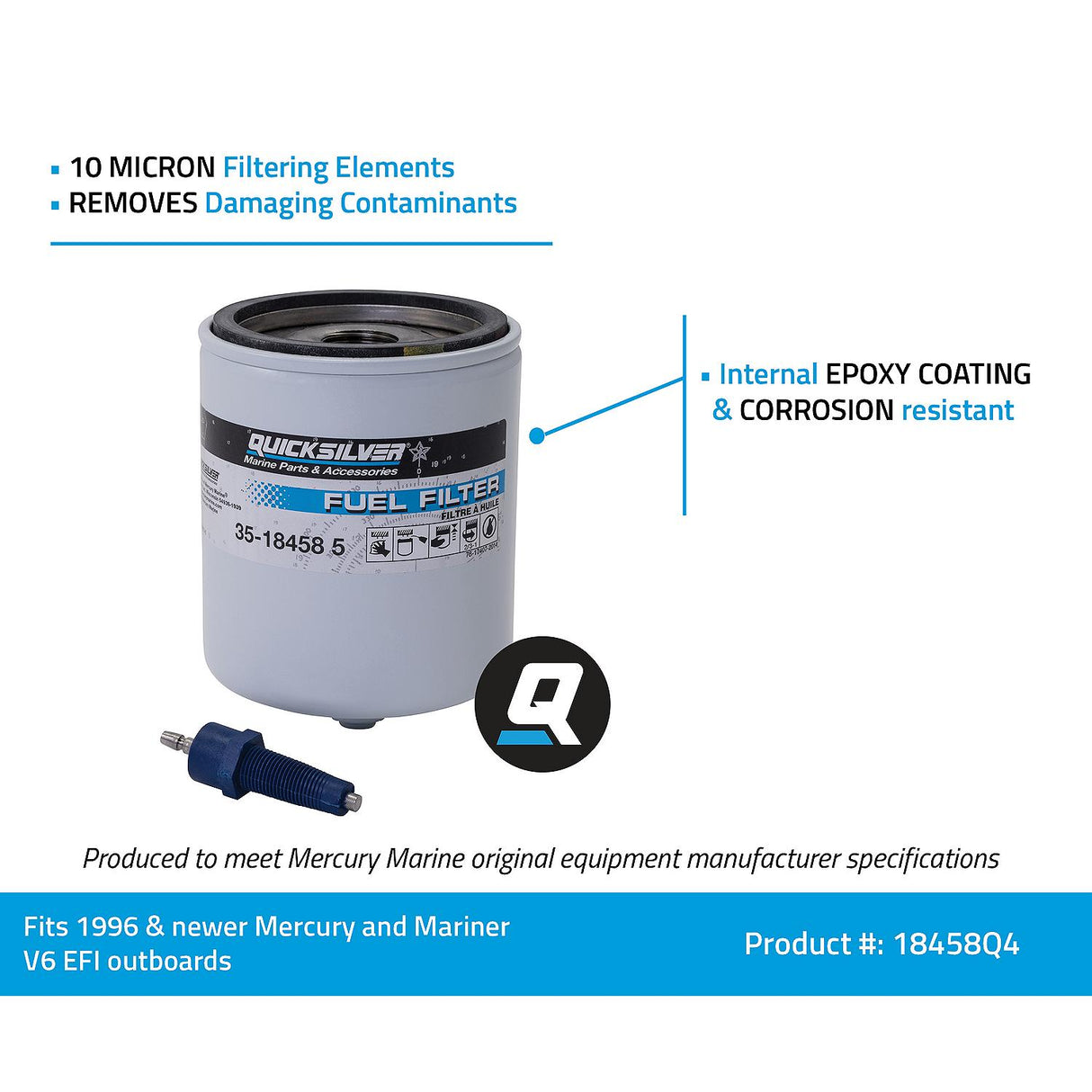 OEM Mercury / Quicksilver 18458Q4 Water Separating Fuel Filter Kit w/ Blue Water Warning Sensor For Mercury Outboards