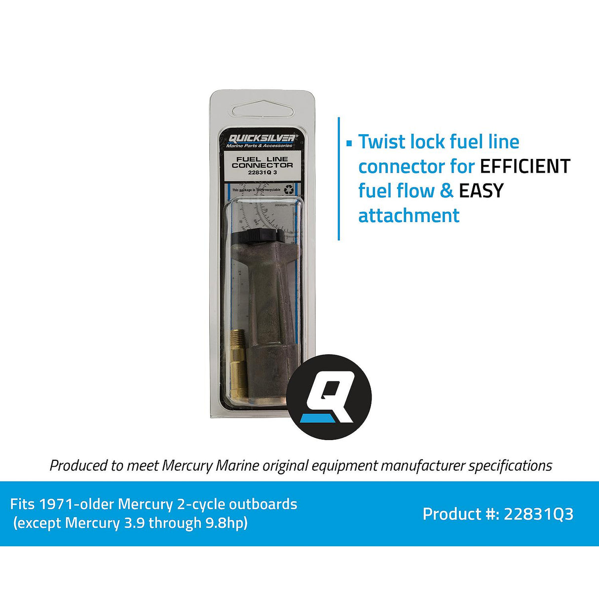 OEM Mercury / Quicksilver 22831Q3 Fuel Line Connector for Select Vintage Mercury and Mariner Outboards, 1-Pack