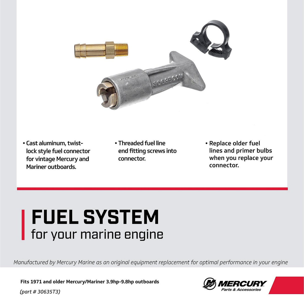 Mercury Fuel Line Coupler 30635T3 for Mercury and Mariner TwoStroke Outboards 1971 and Older (Except Mercury 3.9-9.8hp Outboards)