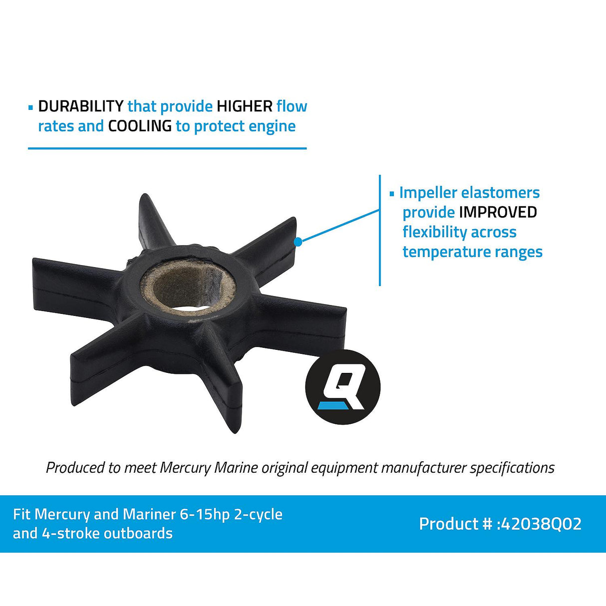 OEM Mercury / Quicksilver 42038Q02 Water Pump Impeller for Select Mercury and Mariner 2-Cycle Outboards