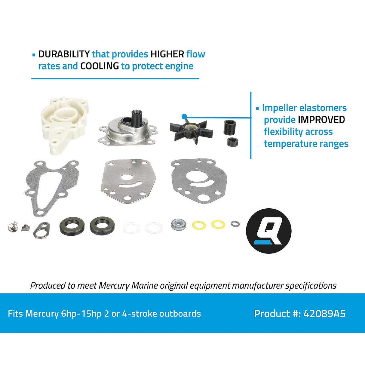 OEM Mercury / Quicksilver 42089A5 Water Pump Repair Kit for Mercury or Mariner 6-15hp 2-Stroke & 4-Stroke Outboards