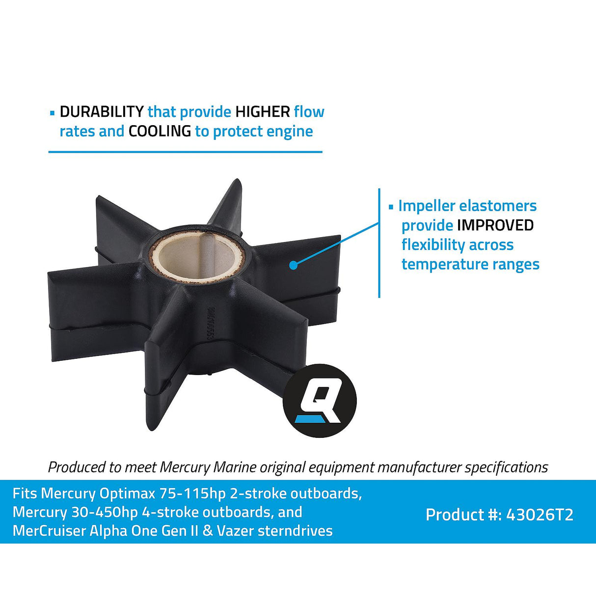 OEM Mercury / Quicksilver 43026T2 Water Pump Impeller for OEM Mercury 75-115hp OptiMax Outboards and 30-450hp 4-Stroke Outboards, and MerCruiser Alpha One Gen II/Vazer Sterndrives