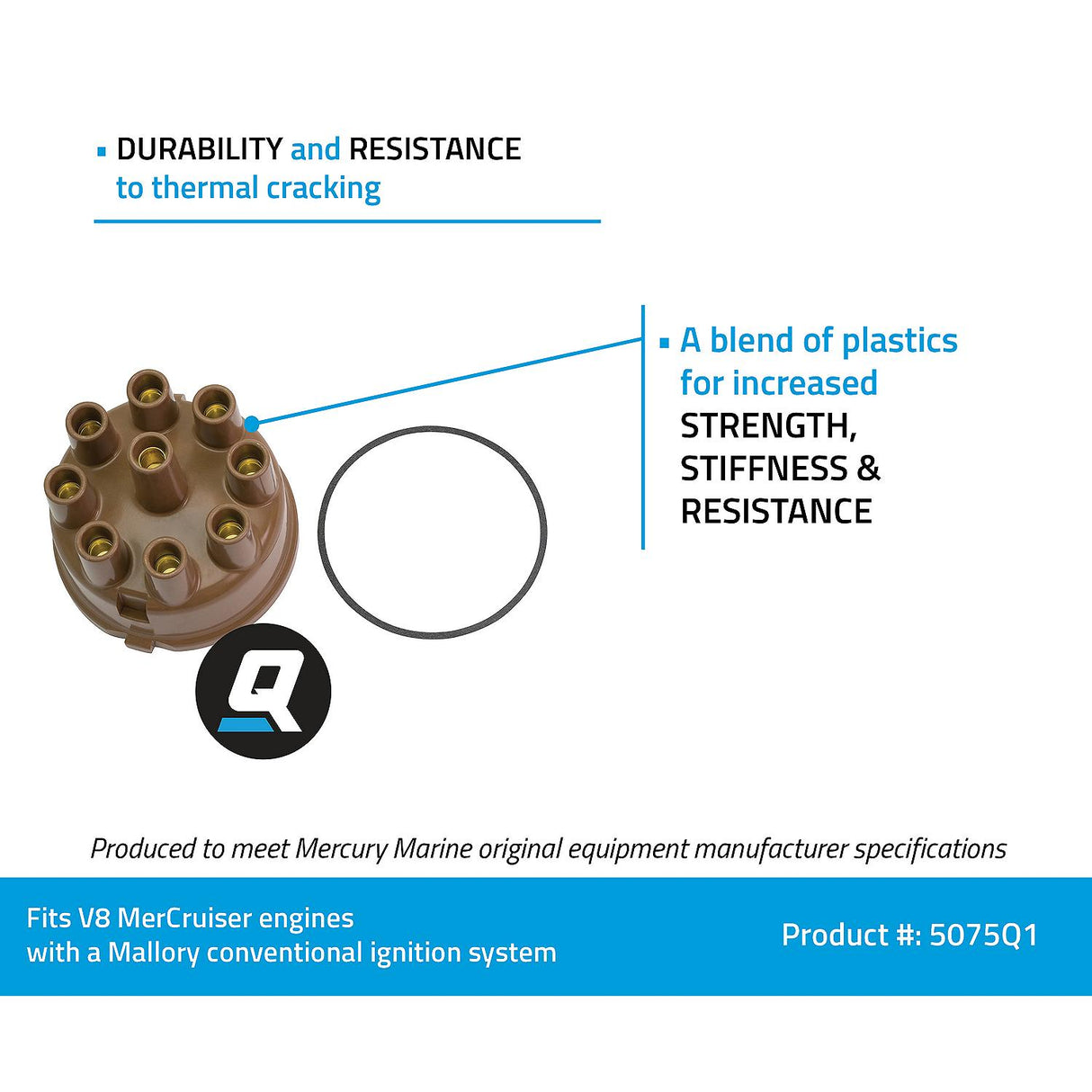 OEM Mercury / Quicksilver 5075Q1 Distributor Cap for Marinized V8 Engines by Ford w/ Mallory Conventional Ignition Systems