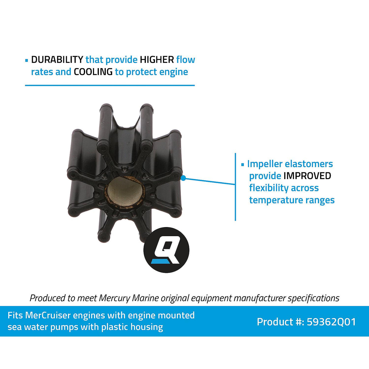 OEM Mercury / Quicksilver 59362Q01 Sea Water Pump Impeller for MerCruiser Engines w/ Engine Mounted, 2-Piece, Plastic Housing