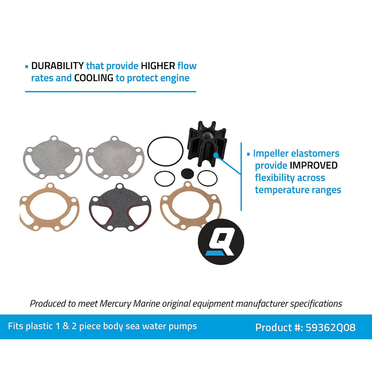 OEM Mercury / Quicksilver 59362Q08 Sea Water Pump Impeller Replacement Kit for Bravo I, II and III w/ 2-Piece Pump Body