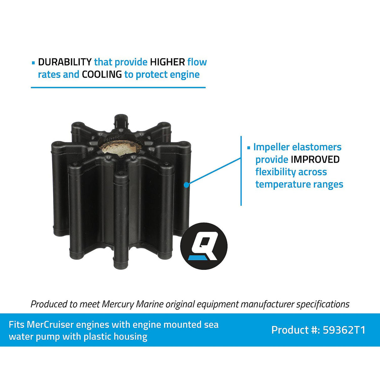 OEM Mercury / Quicksilver 59362T1 Water Pump Impeller for MerCruiser Engines w/ Engine Mounted Sea Water Pumps w/ a Plastic Housing
