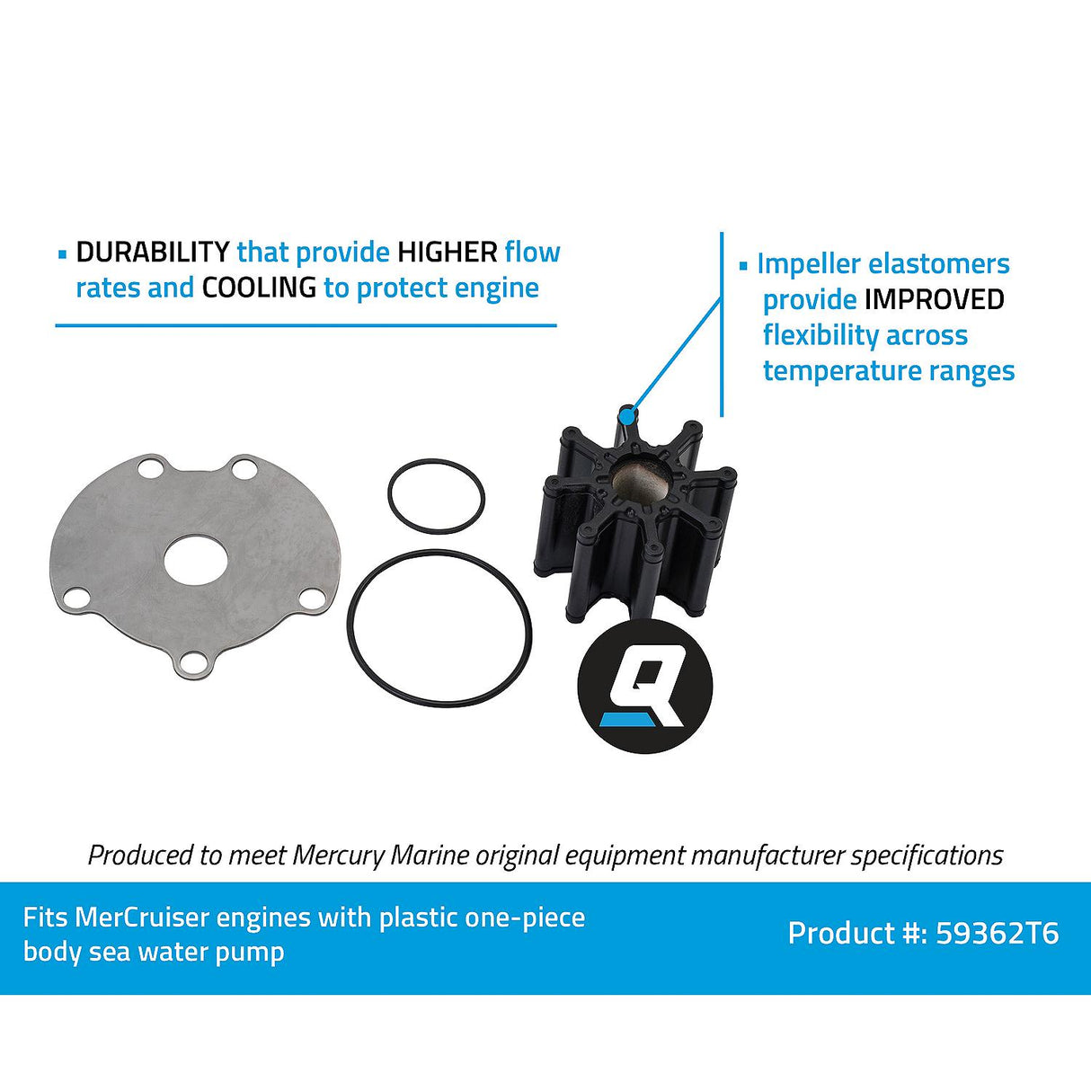 OEM Mercury / Quicksilver 59362T6 Sea Water Pump Impeller Replacement Kit for MerCruiser Engines w/ One-Piece Pump Body