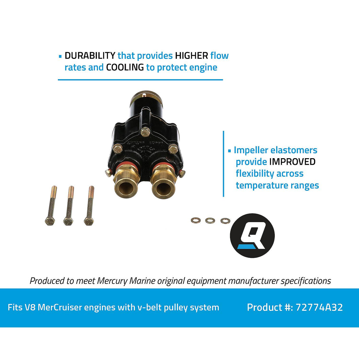 OEM Mercury / Quicksilver 72774A32 Brass Sea Water Pump Housing for Mercury V8 MerCruiser Engines w/ V-Belt Pulley System for Engine Accessories