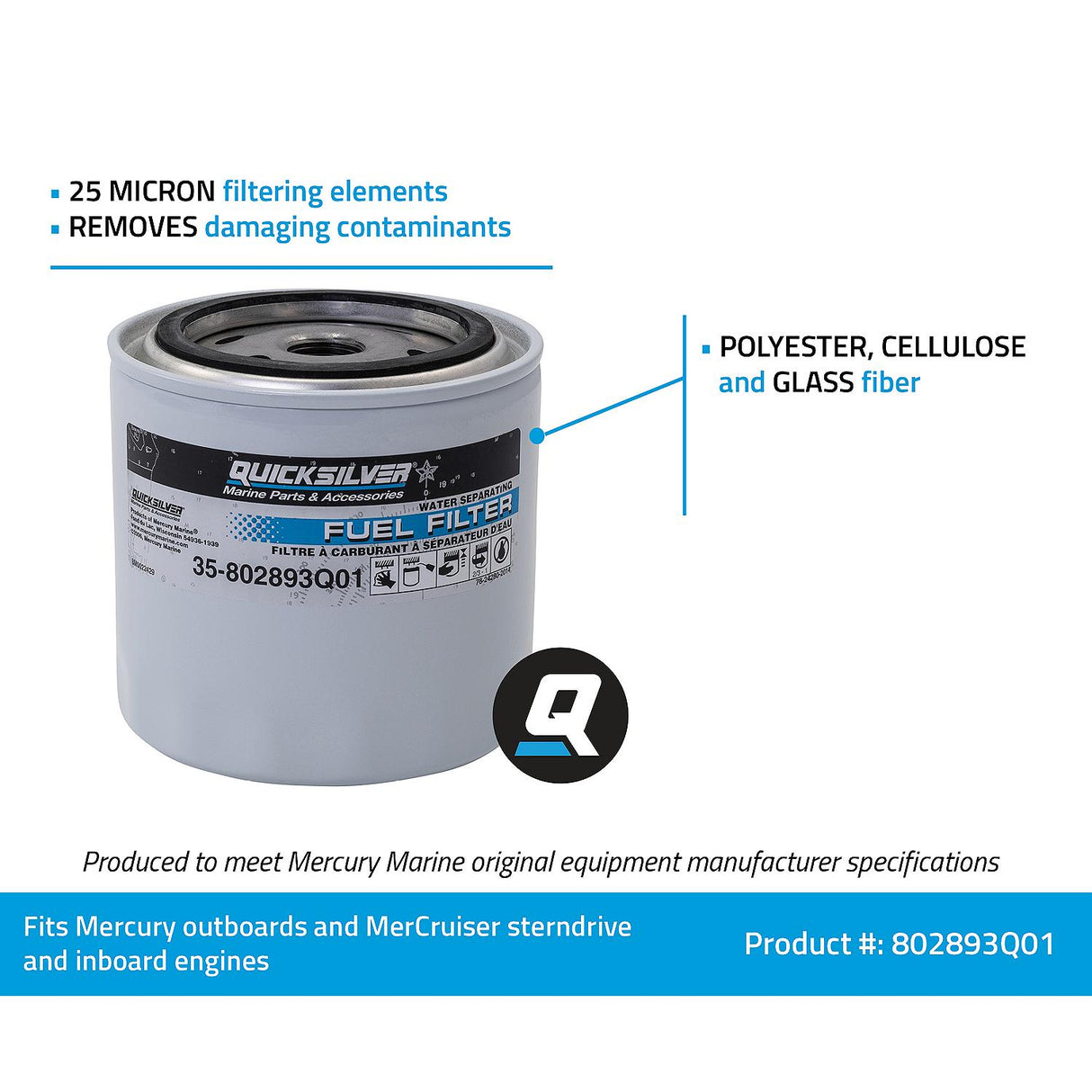 OEM Mercury / Quicksilver 802893Q01 Water Separating Fuel Filter for Mercury and Mariner Outboards and MerCruiser Sterndrive and Inboard Engines