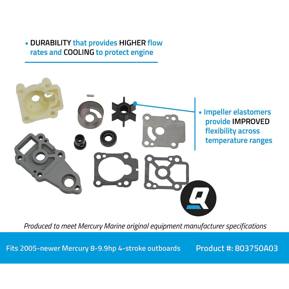 OEM Mercury / Quicksilver 803750A03 Replacement Water Pump Kit for Mercury and Mariner 8-9.9hp 4-Stroke Outboards