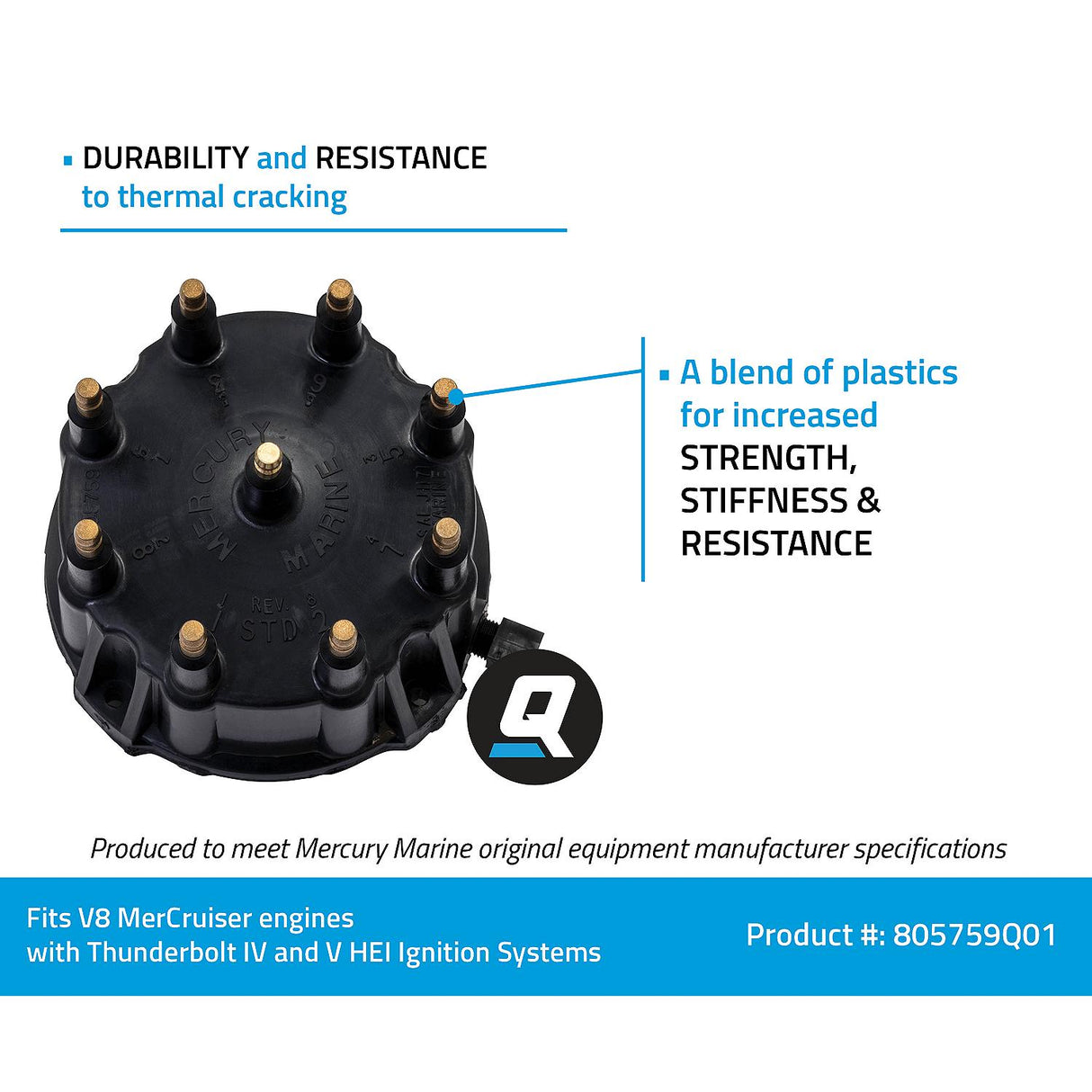 OEM Mercury / Quicksilver 805759Q01 Distributor Cap for Marinized V8 Engines by General Motors w/ Thunderbolt IV and V HEI Ignition Systems