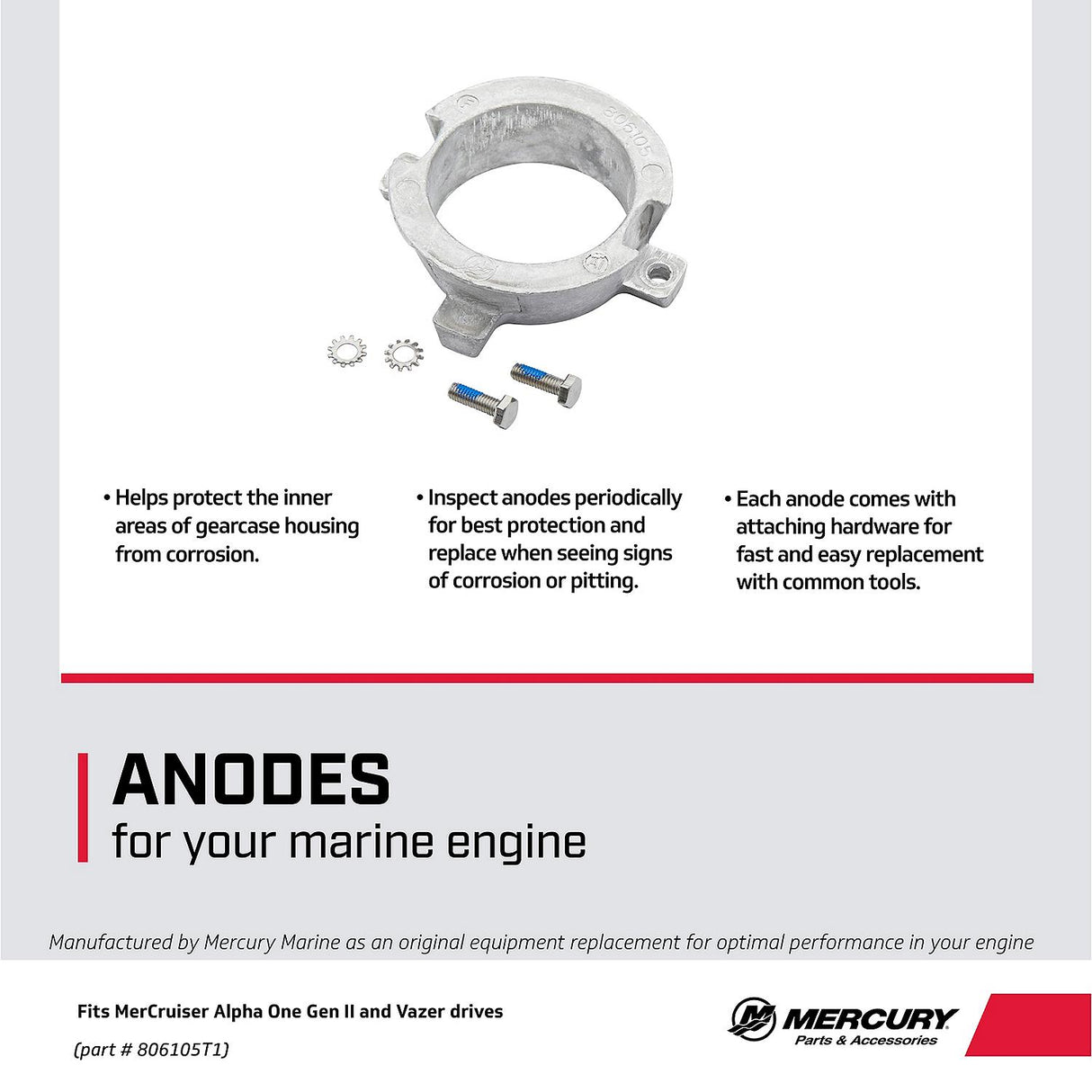 OEM Mercury Aluminum Bearing Carrier Anode 806105T1 for MerCruiser Alpha One Gen II and Vazer Drives