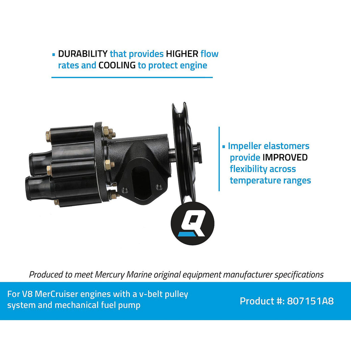 OEM Mercury / Quicksilver 807151A8 Sea Water Pump Housing for V8 MerCruiser Engines Made by General Motors w/ a V-Belt Pulley System for Engine Accessories and Mechanical Fuel Pumps