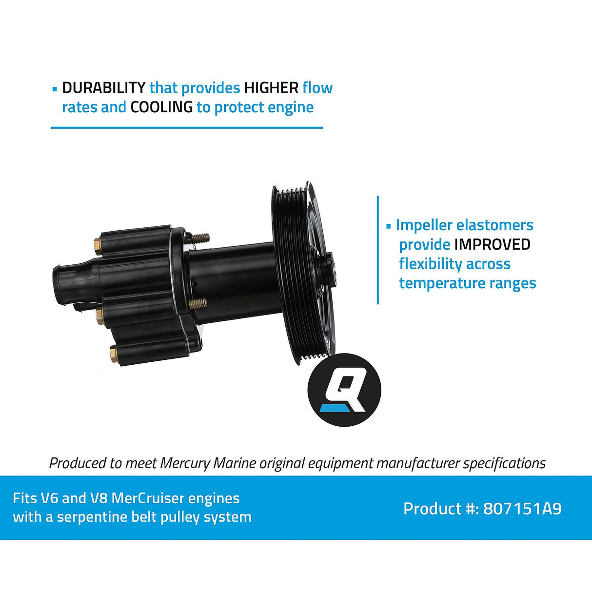 OEM Mercury / Quicksilver 807151A9 Sea Water Pump Housing for V6 and V8 MerCruiser Engines Made by General Motors w/ a Serpentine Belt Pulley System for Engine Accessories and Electrical Fuel Pumps