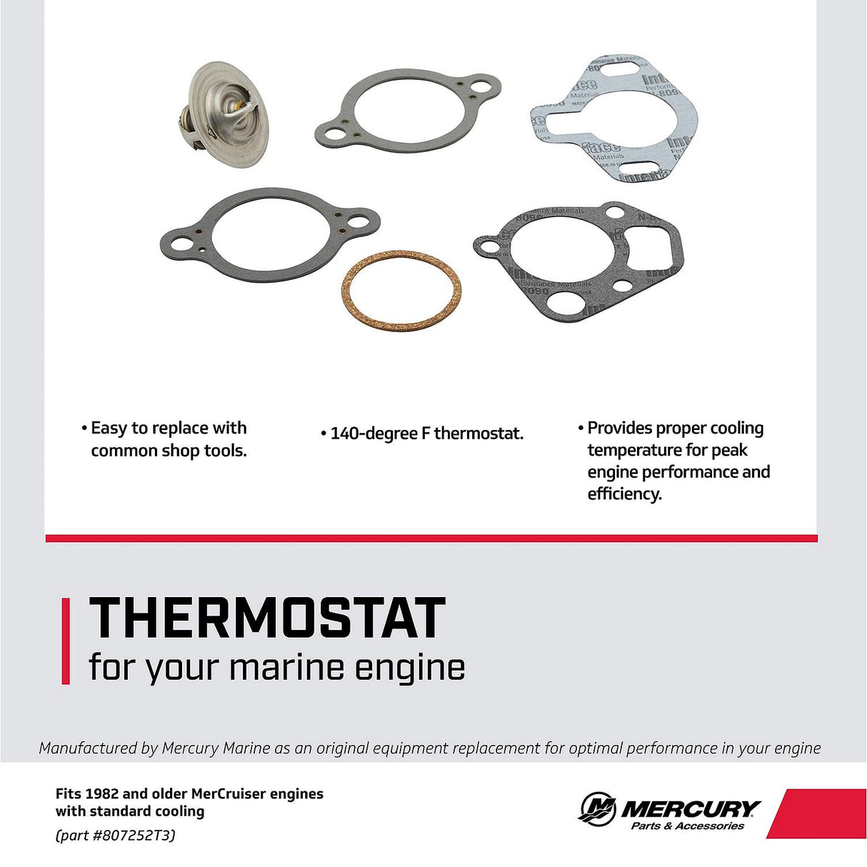 Mercury Thermostat Kit 807252T3 for Select MerCruiser Engines Made by Ford and GM - 1982 and Older V8 Engines, 1996 and Older High-Performance Engines
