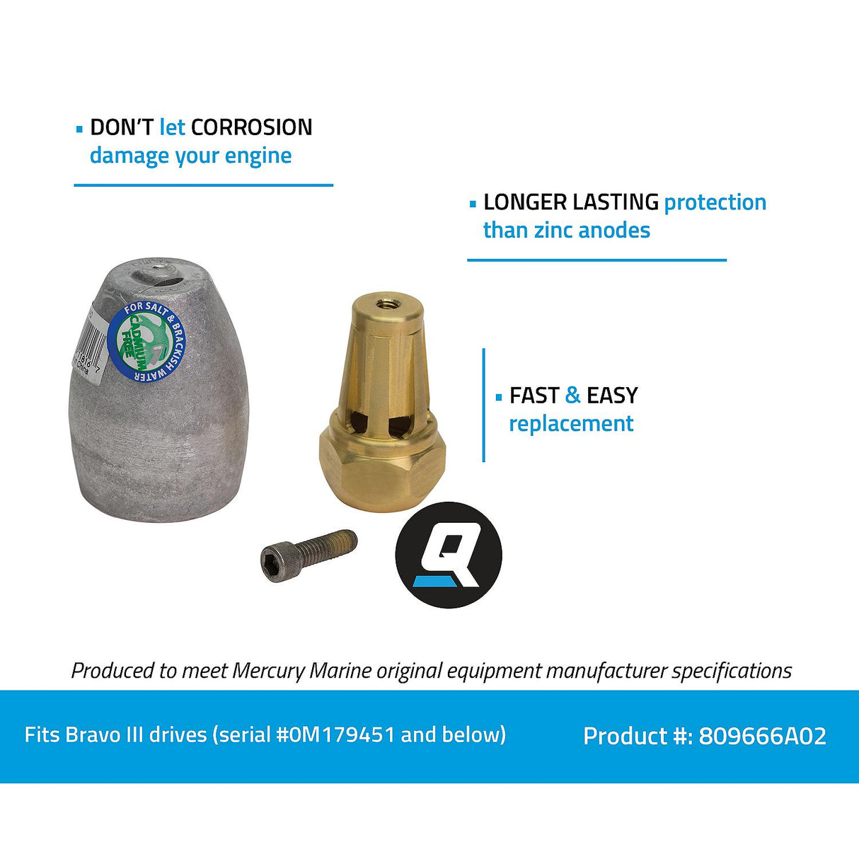 OEM MerCruiser / Quicksilver Aluminum Anode Kit for Prop Nut on Bravo III Drives 809666A02