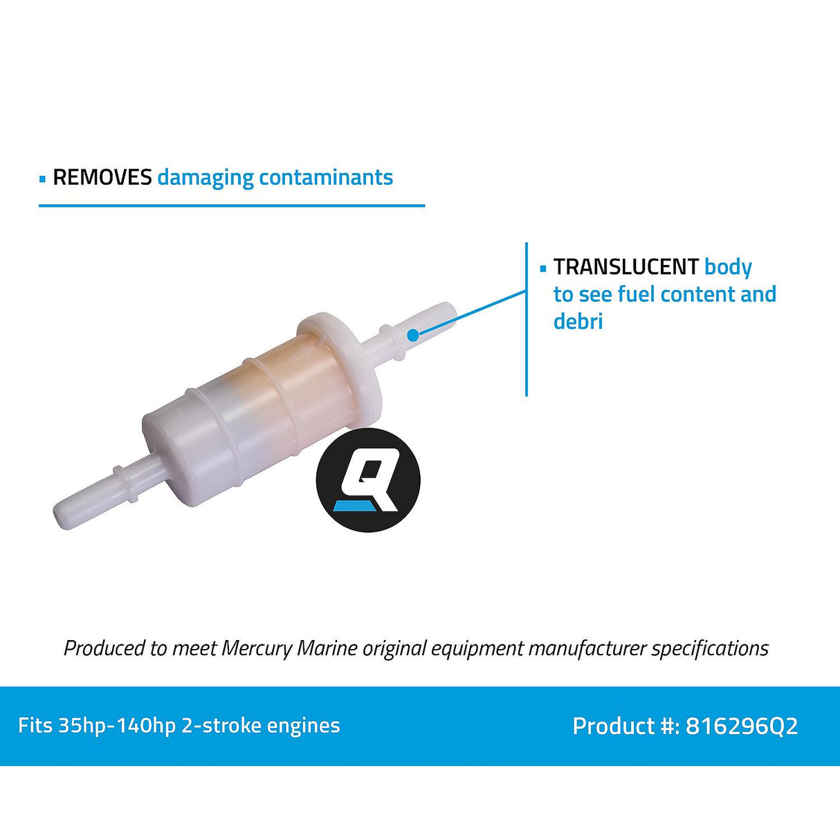 OEM Mercury / Quicksilver 816296Q2 Marine Engine Inline Fuel Filter w/ Barbs for 5/16" (8mm) Fuel Lines