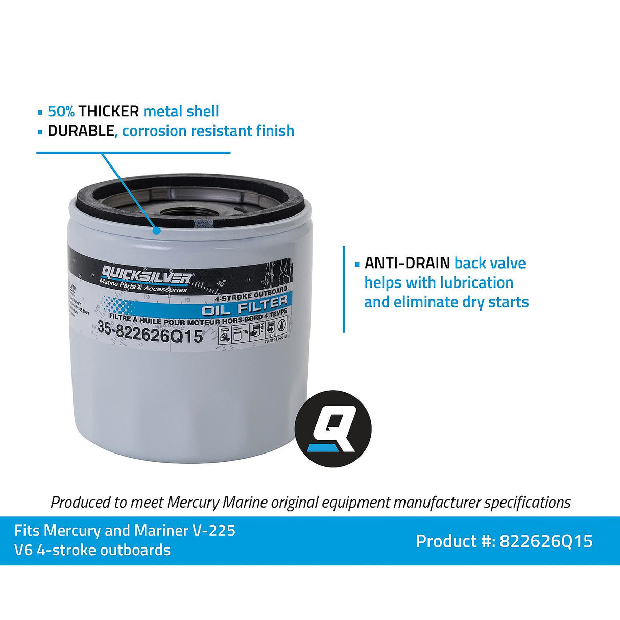OEM Mercury / Quicksilver 822626Q15 Oil Filter for Mercury and Mariner V-225 V6 4-Stroke Outboards