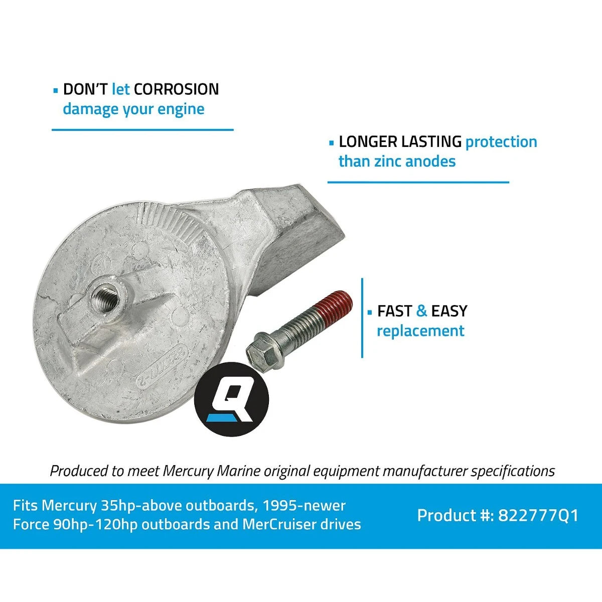 OEM Mercury / Quicksilver Aluminum Trim Tab Anode for Mercury or Mariner Outboards and MerCruiser Sterndrives Using High Rake Propellers 822777Q1