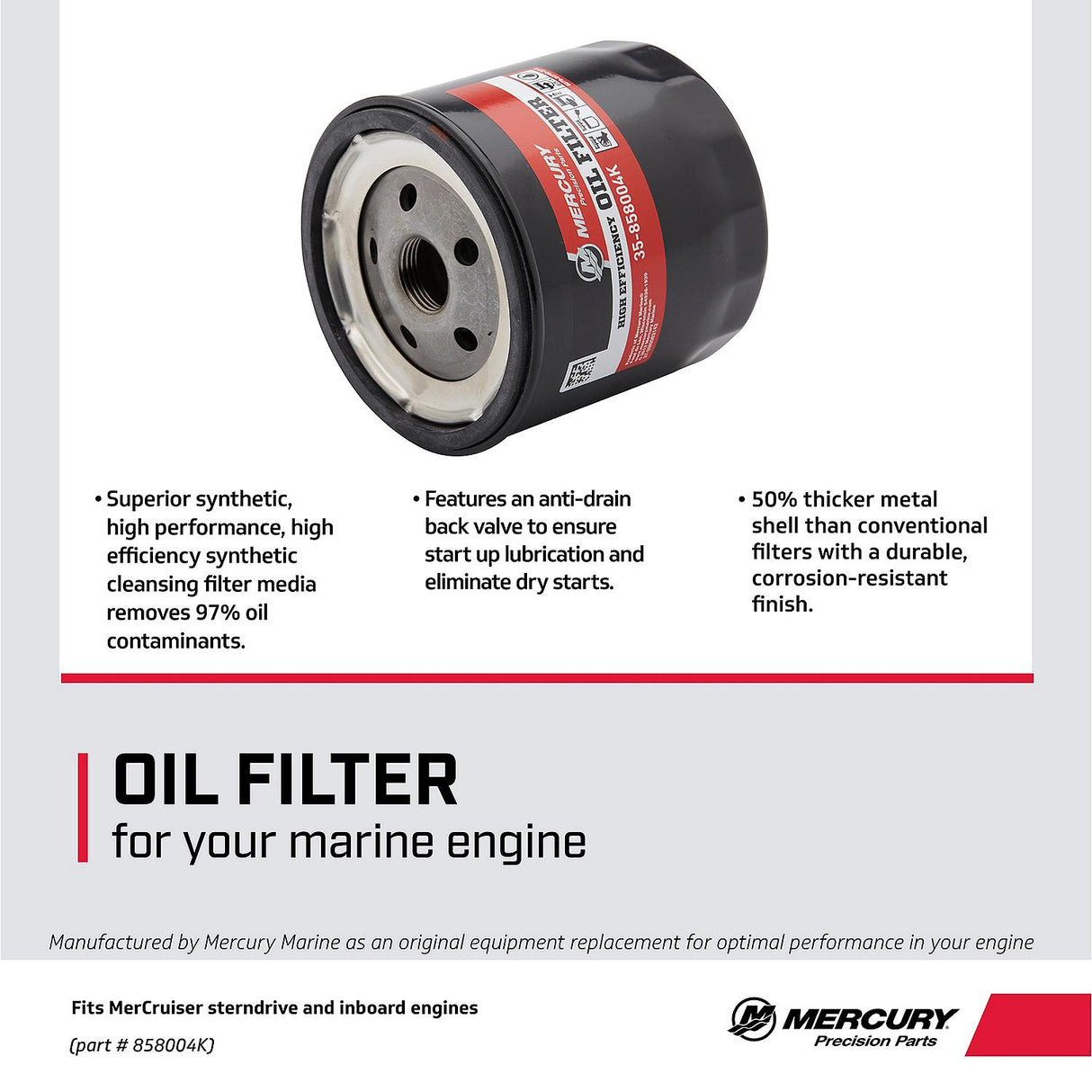 Mercury High Performance Oil Filter 858004K for MerCruiser Sterndrive and Inboard Engines