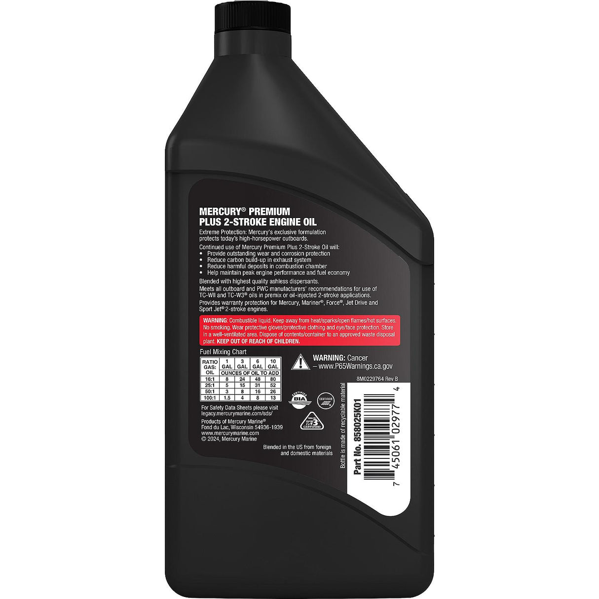Mercury 858025K01 Premium Plus TC-W3 2-Stroke Marine Engine Oil Synthetic Blend for Outboards - 16 oz (Pint) Bottle