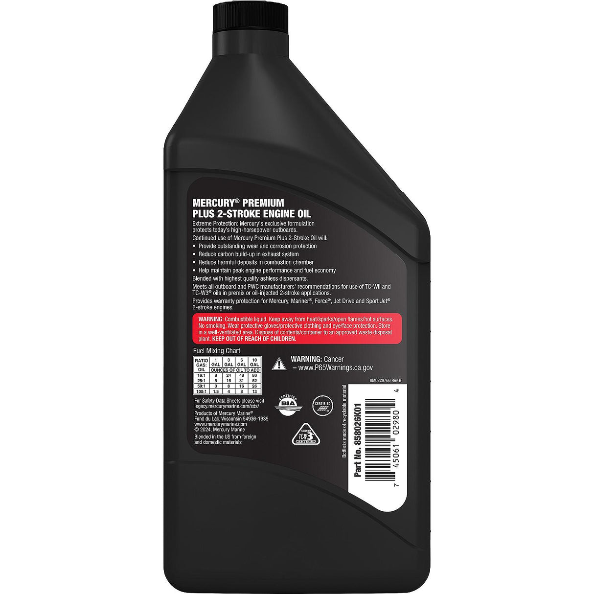 Mercury 858026K01 Premium Plus TC-W3 2-Stroke Marine Engine Oil Synthetic Blend for Outboards - 1 Quart Bottle