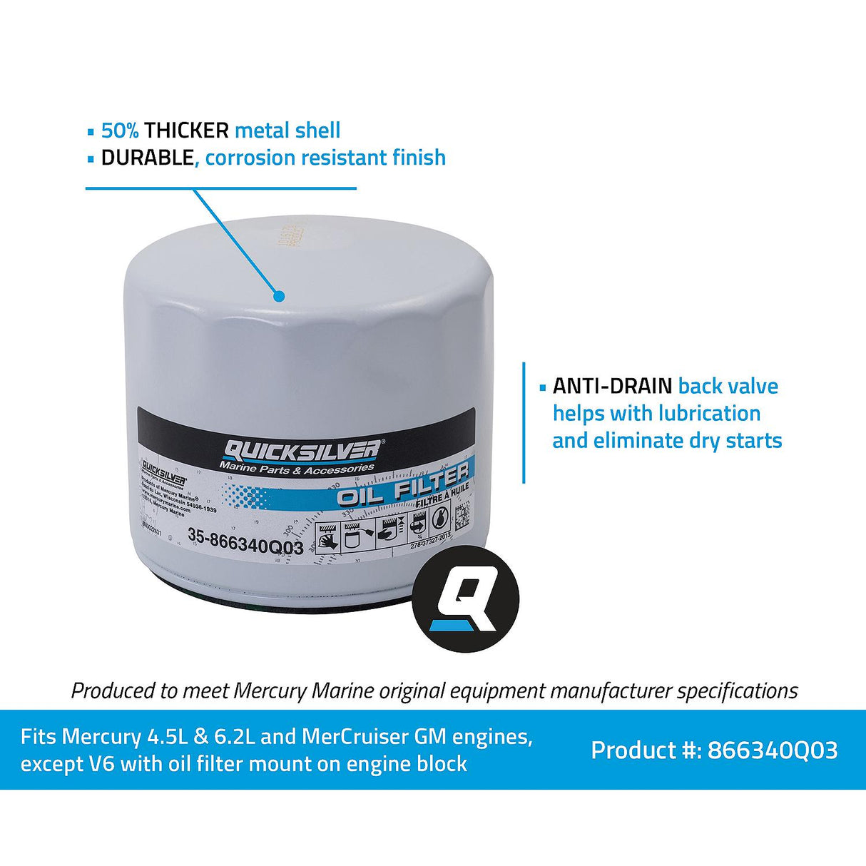 OEM Mercury / Quicksilver 866340Q03 Oil Filter for MerCruiser Sterndrive and Inboard Engines