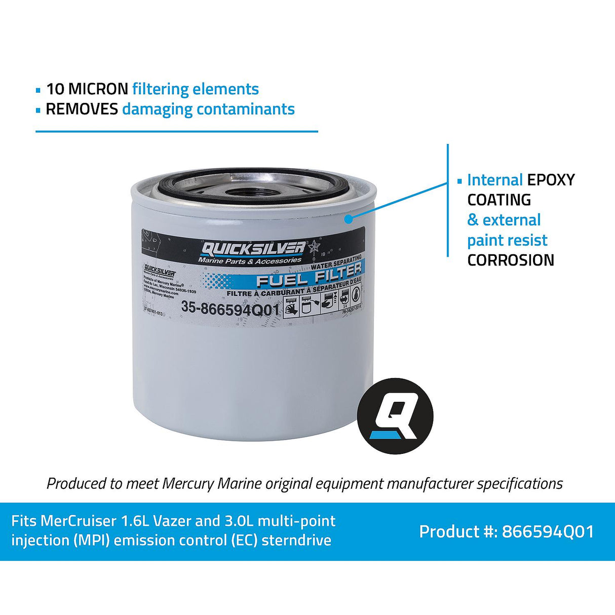 OEM Mercury / Quicksilver 866594Q01 Water Separating Fuel Filter for Select MerCruiser Vazer and 3.0L MPI EC Engines