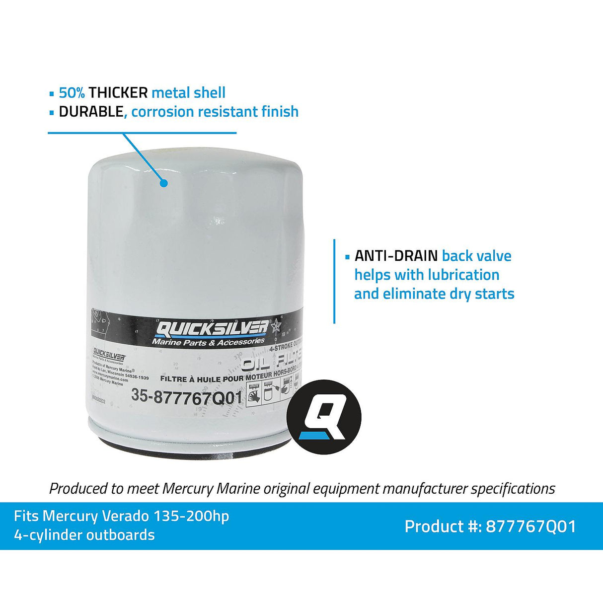 OEM Mercury / Quicksilver 877767Q01 Oil Filter for Verado Inline 4-Cylinder 135-200hp Outboards