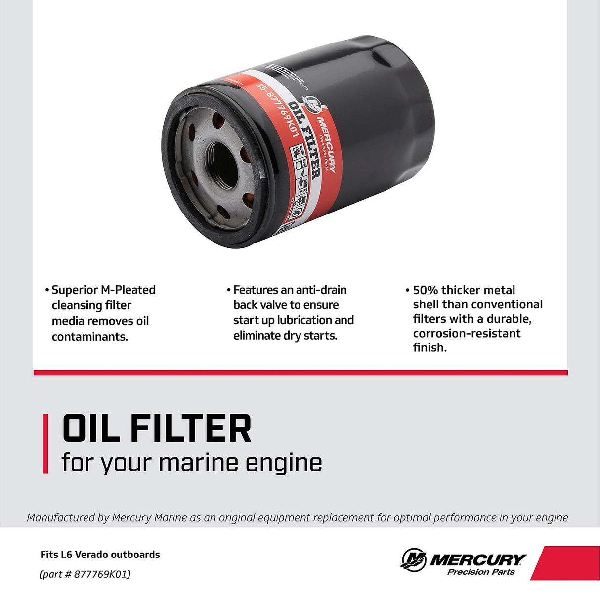 Mercury 4-Stroke Engine Oil Filter 877769K01 for Mercury L6 200-400hp Verado Outboards