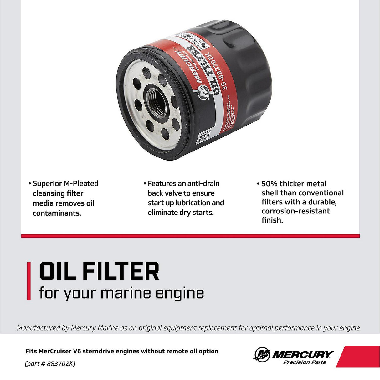 Mercury 4-Stroke Engine Oil Filter 883702K for MerCruiser V6 Engines