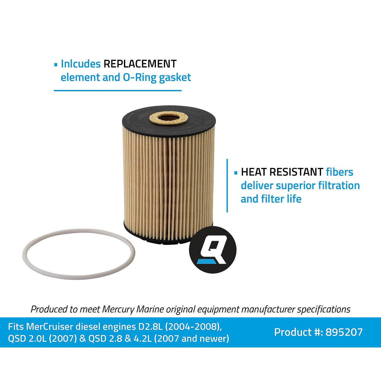 OEM Mercury / Quicksilver 895207 Oil Filter Element for MerCruiser Gasoline and Diesel Engines