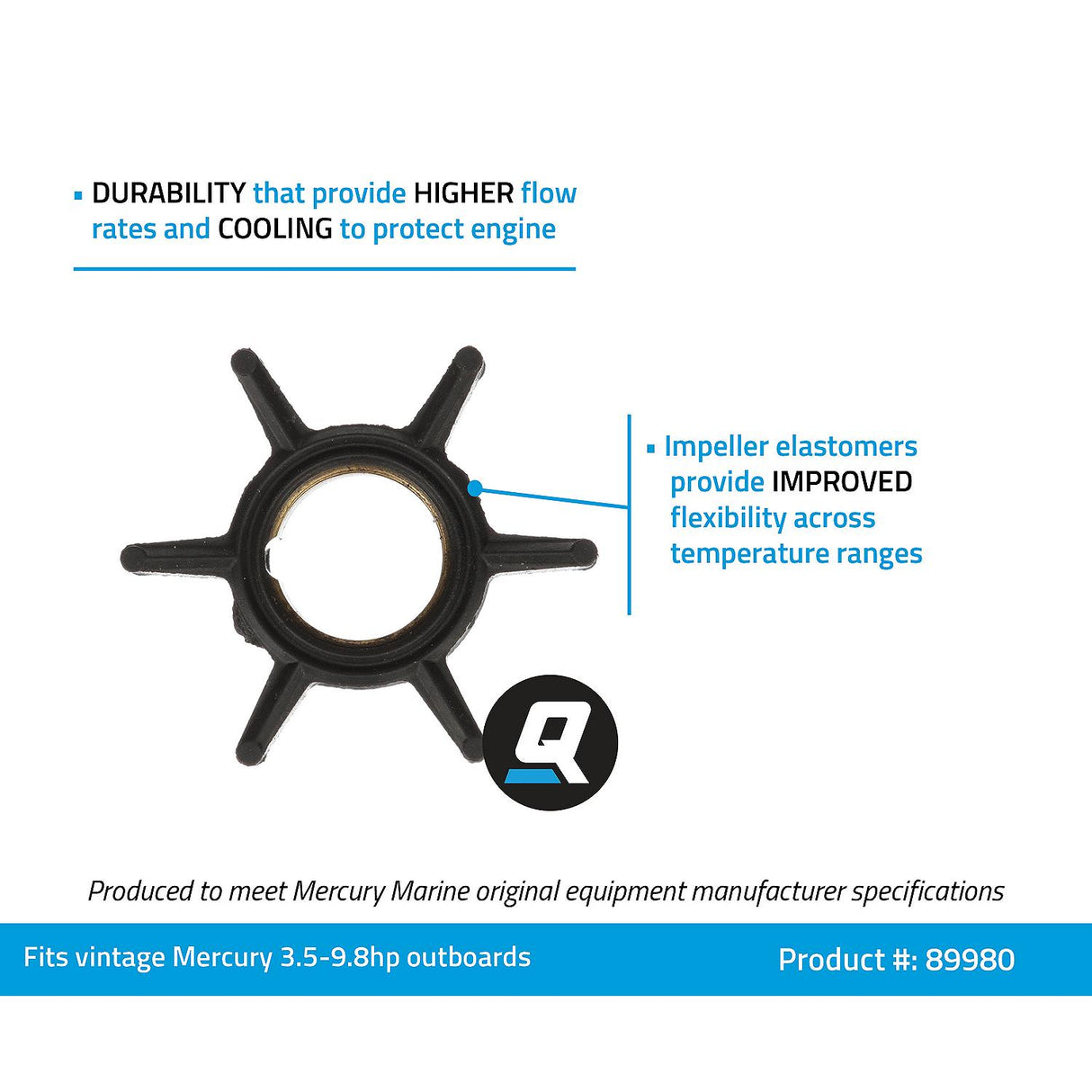 OEM Mercury / Quicksilver 89980 Water Pump Impeller for Select Vintage Mercury 3.5- 9.8hp, 2-Cycle Outboards