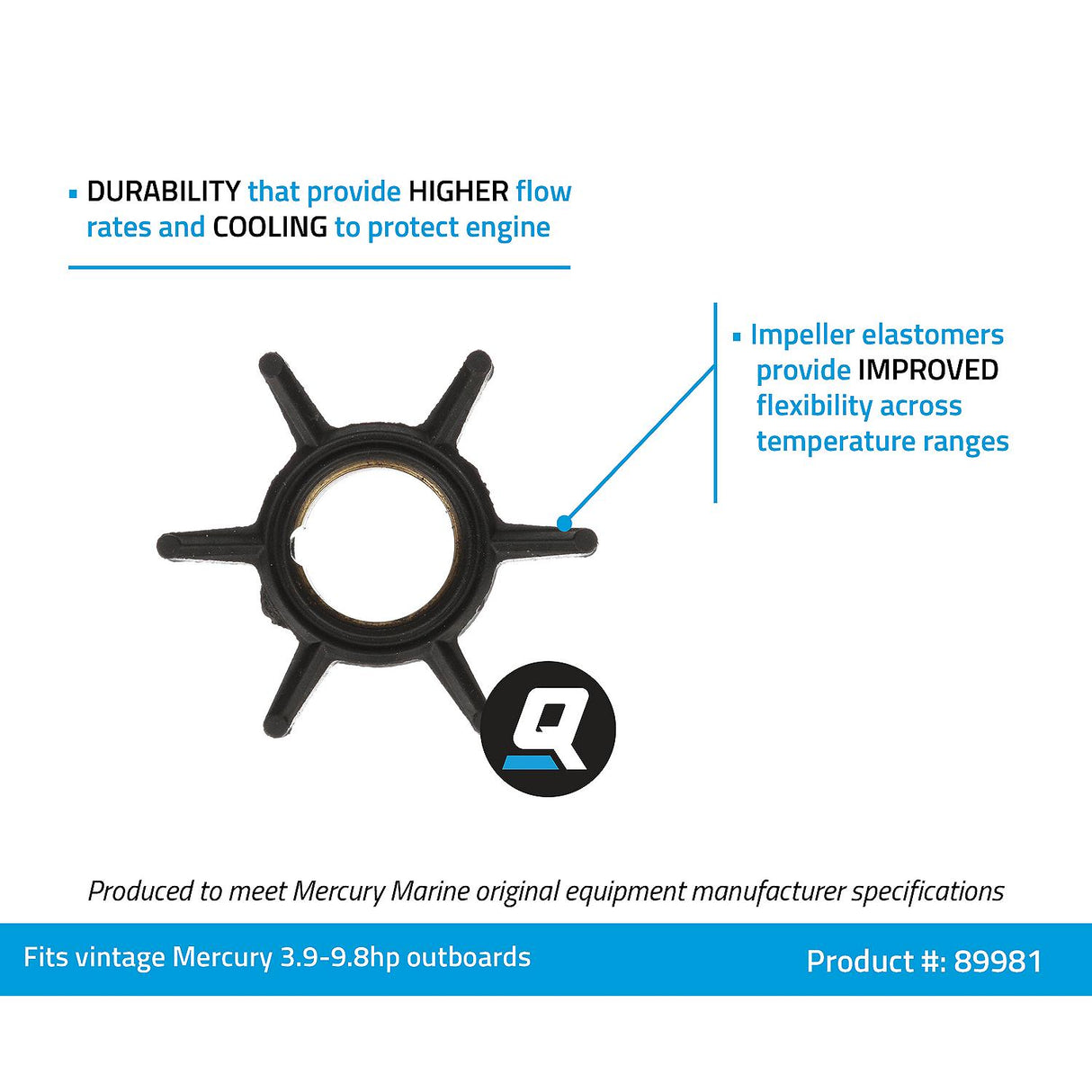 OEM Mercury / Quicksilver 89981 Water Pump Impeller for Select Vintage Mercury 2-Cycle 3.9.-9.8hp Outboards
