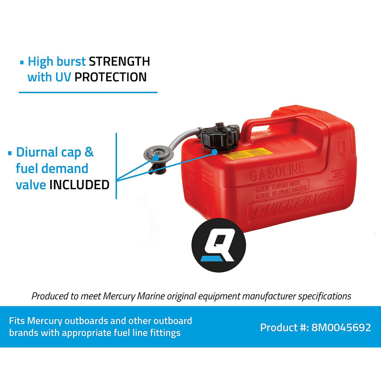 OEM Mercury / Quicksilver 8M0045692 Portable Marine Boat Fuel Tank w/ Fuel Demand Valve, 3.2 Gallon Capacity
