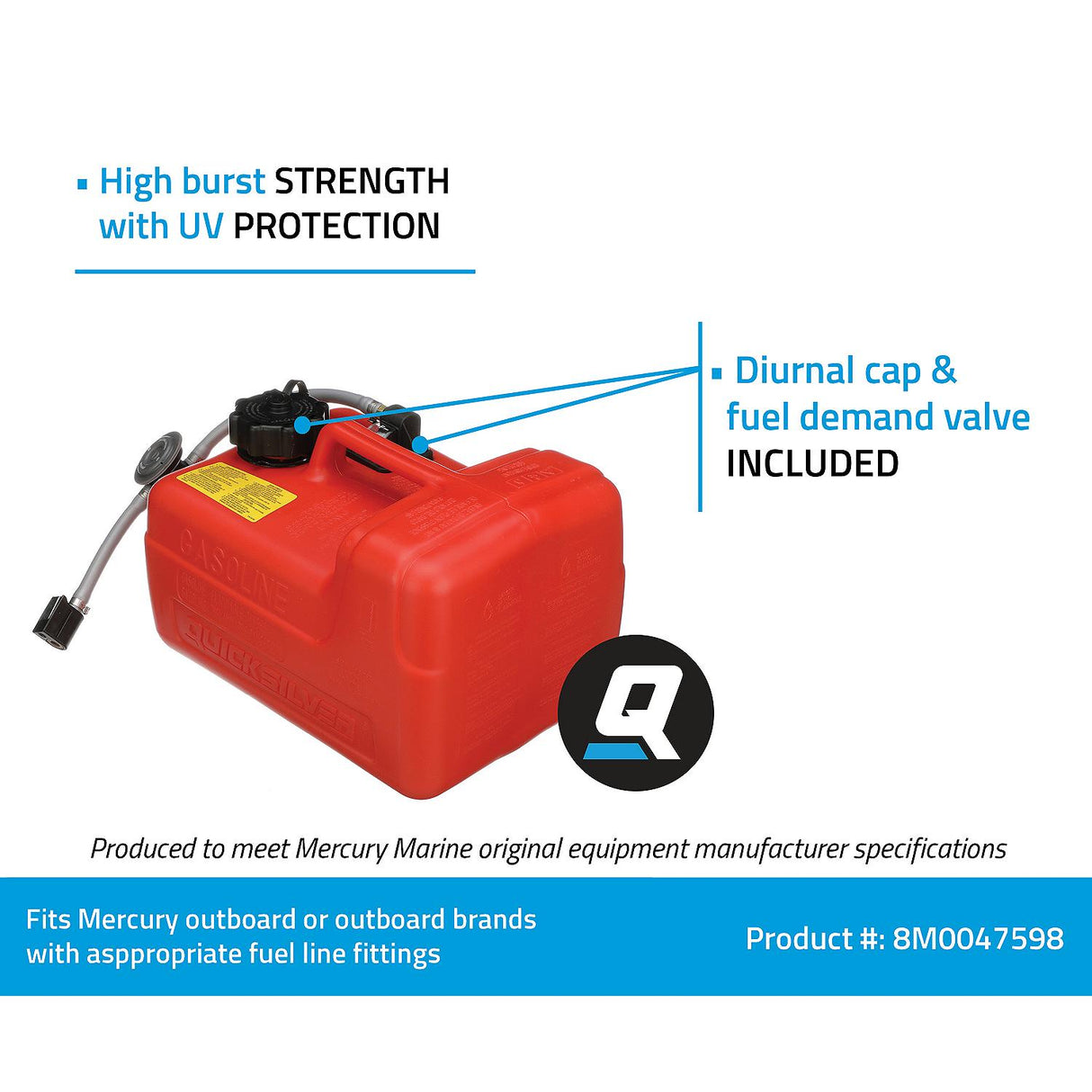 OEM Mercury / Quicksilver 8M0047598 Portable Marine Boat Fuel Tank w/ Fuel Demand Valve, 3.2 Gallon Capacity