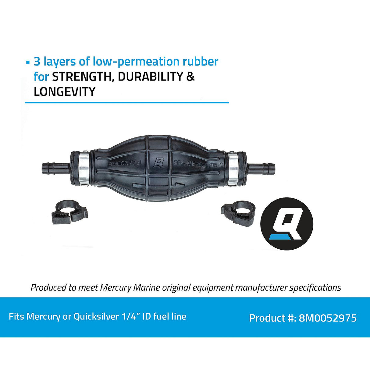 OEM Mercury / Quicksilver 8M0052975 Primer Bulb w/ 2 Hose Clamps for 1/4" (6.35mm) Fuel Lines