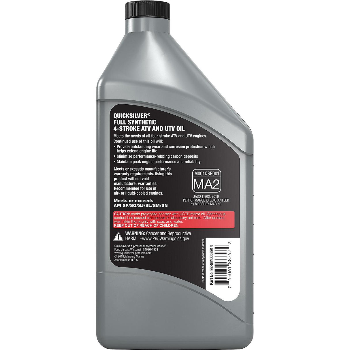 OEM Mercury / Quicksilver 8M0058914 5W-40 Full Synthetic 4-Stroke ATV Engine Oil, 1 Quart