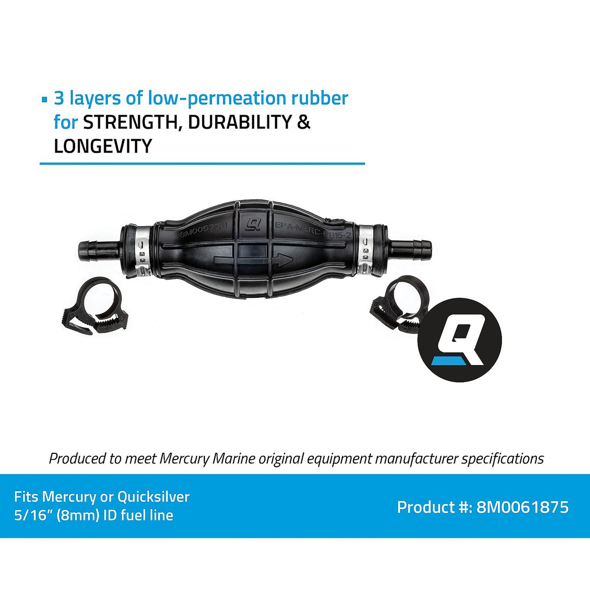 OEM Mercury / Quicksilver 8M0061875 Primer Bulb w/ 2 Hose Clamps for 5/16 In. (8mm) Fuel Lines