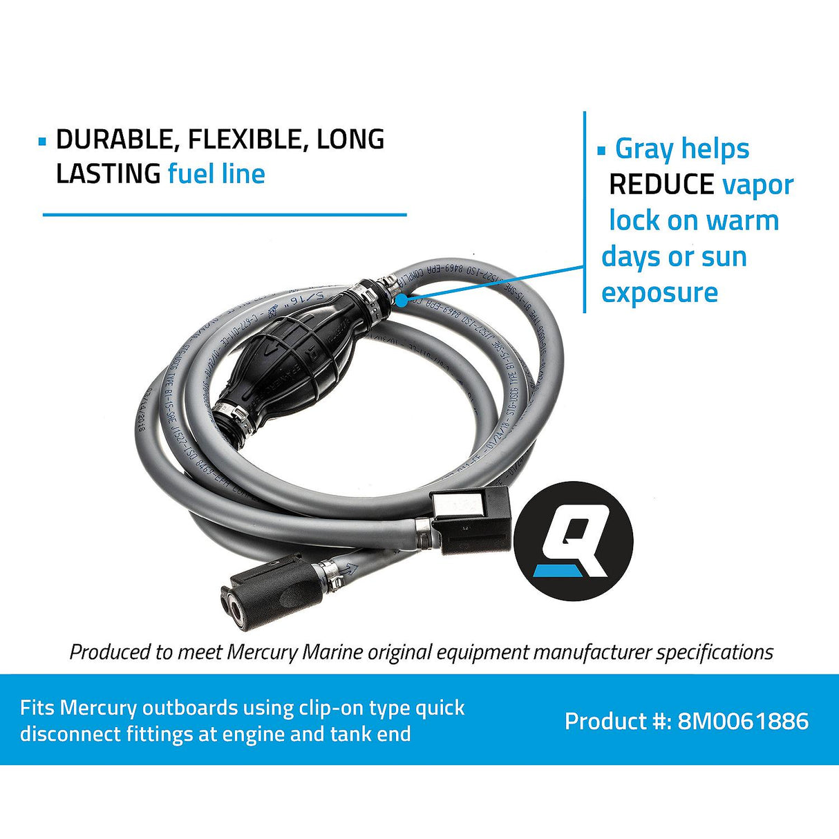 OEM Mercury / Quicksilver 8M0061886 Fuel Line Assembly, 8 Ft. Long w/ Primer Bulb