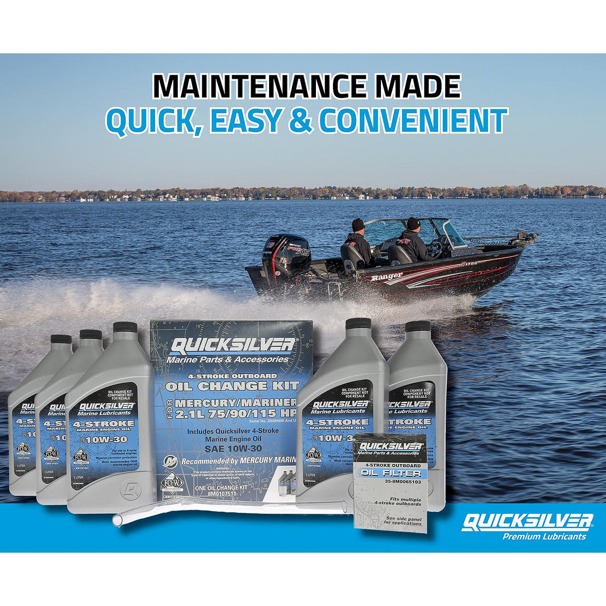 OEM Mercury / Quicksilver 10W-30 Oil Change Kit for 4-Stroke 75hp, 90hp and 115hp Mercury 2.1L Outboards