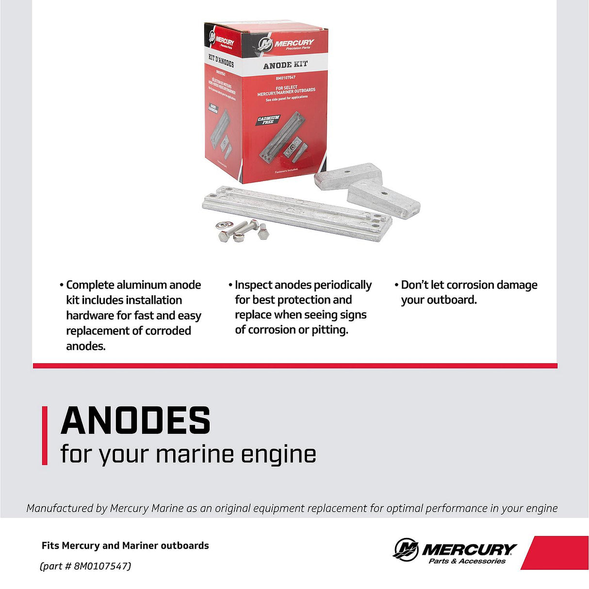 Mercury Aluminum Anode Kit 8M0107547 for Select Mercury and Mariner 40-115hp FourStroke Outboards