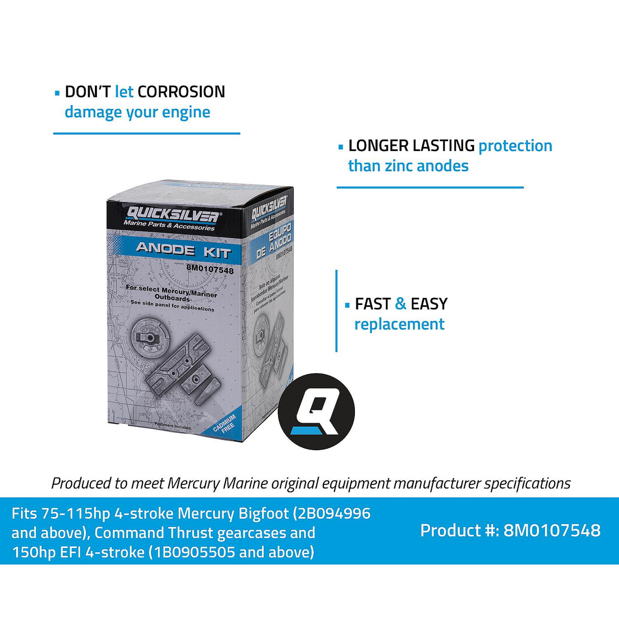 OEM Mercury / Quicksilver Aluminum Anode Kit for Select Mercury 75-150hp Outboards 8M0107548