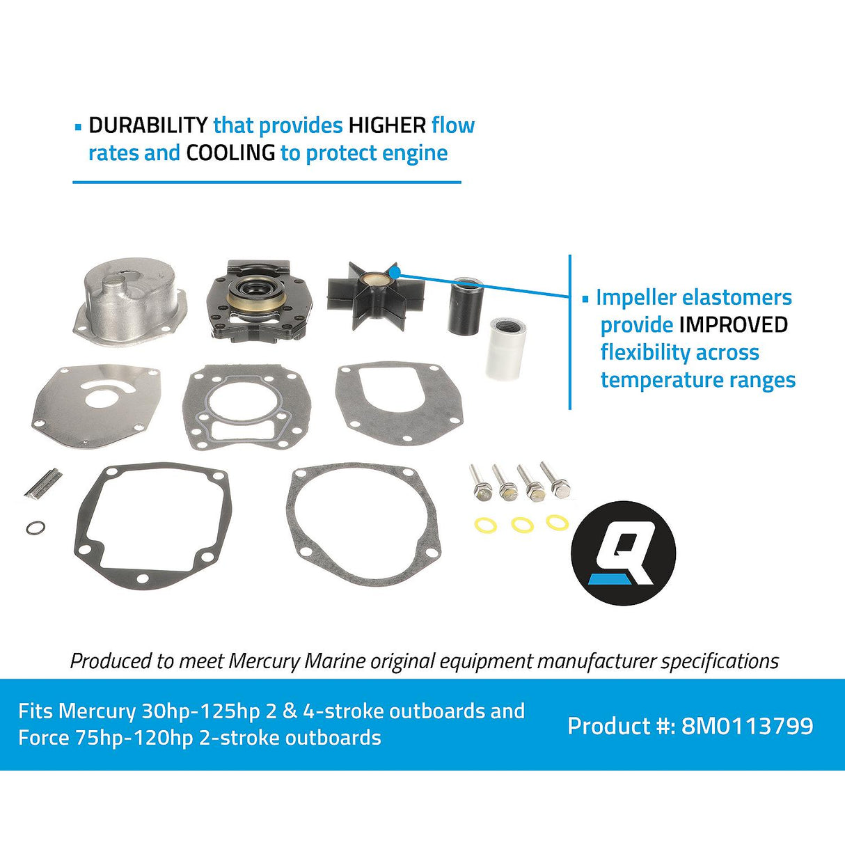 OEM Mercury / Quicksilver Water Pump Repair Kit 8M0113799 for Mercury 30-125hp 2-Stroke and 4-Stroke Outboards