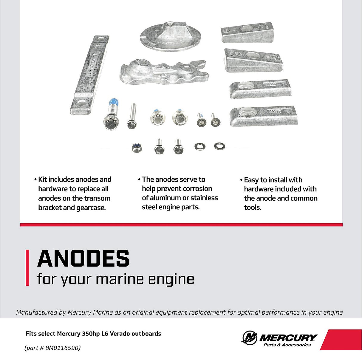 OEM Mercury Aluminum Anode Kit 8M0116590 for Mercury L6 350-400hp Verado Outboards