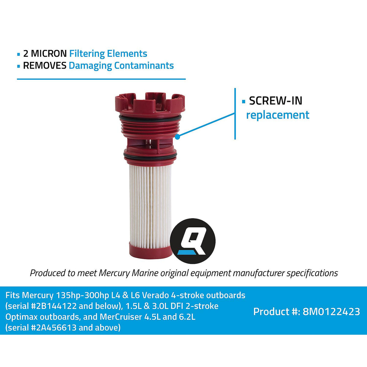 OEM Mercury / Quicksilver 8M0122423 Fuel Filter Element for Select Mercury and Mariner Outboards and MerCruiser Sterndrive Engines