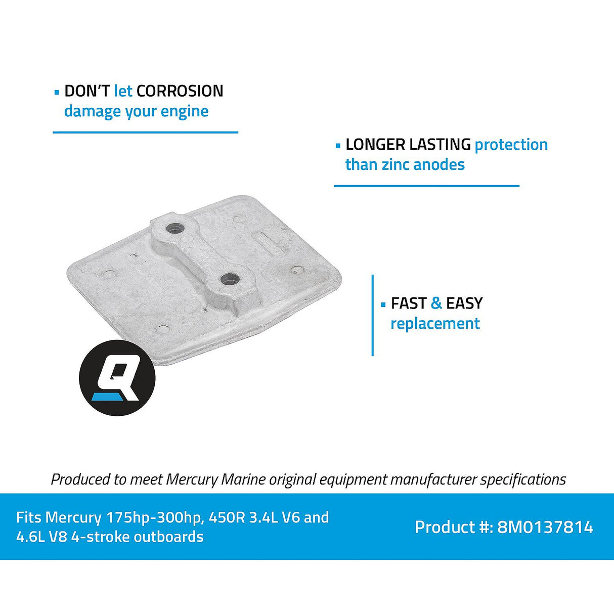 OEM Mercury / Quicksilver 8M0137814 Anti-Ventilation Plate Anode Kit for Mercury 175-300hp, 450R 3.4L V6 and 4.6L V8 4-Stroke Outboards