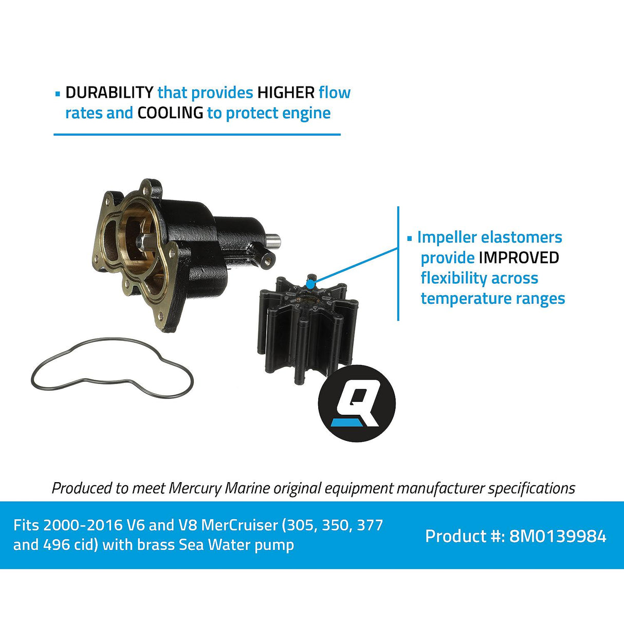 OEM Mercury / Quicksilver 8M0139984 Brass Water Pump Housing for V6 and V8 MerCruiser Engines: (305, 350 and 496 CID, 2000-2016)