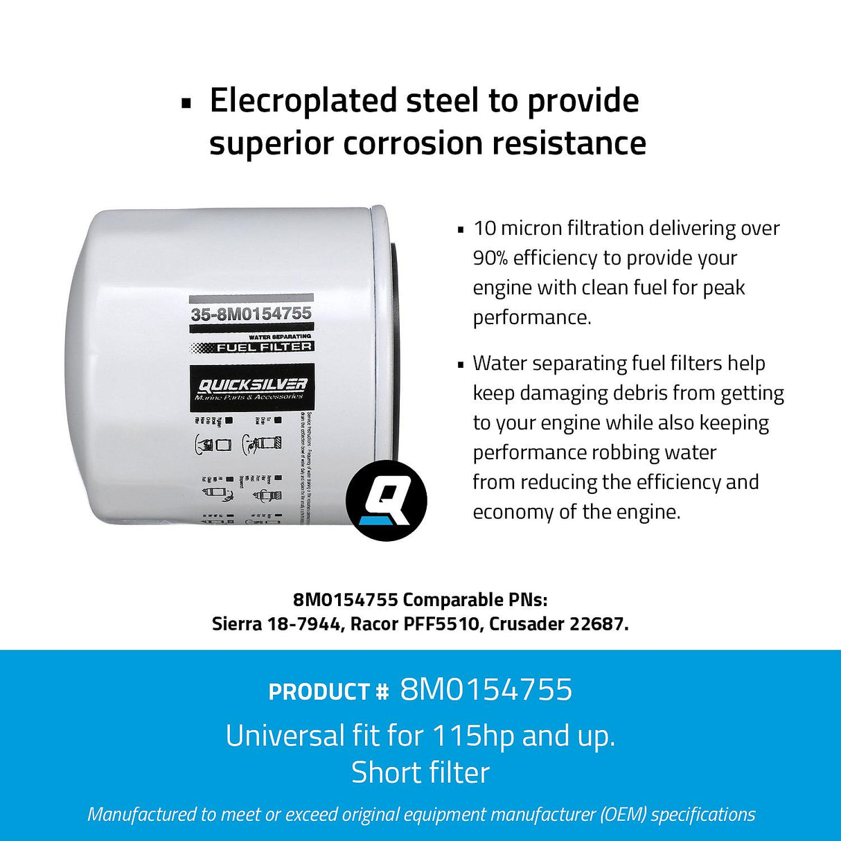 OEM Mercury / Quicksilver 8M0154755 Water Separating Fuel Filter for Various Marine Engines